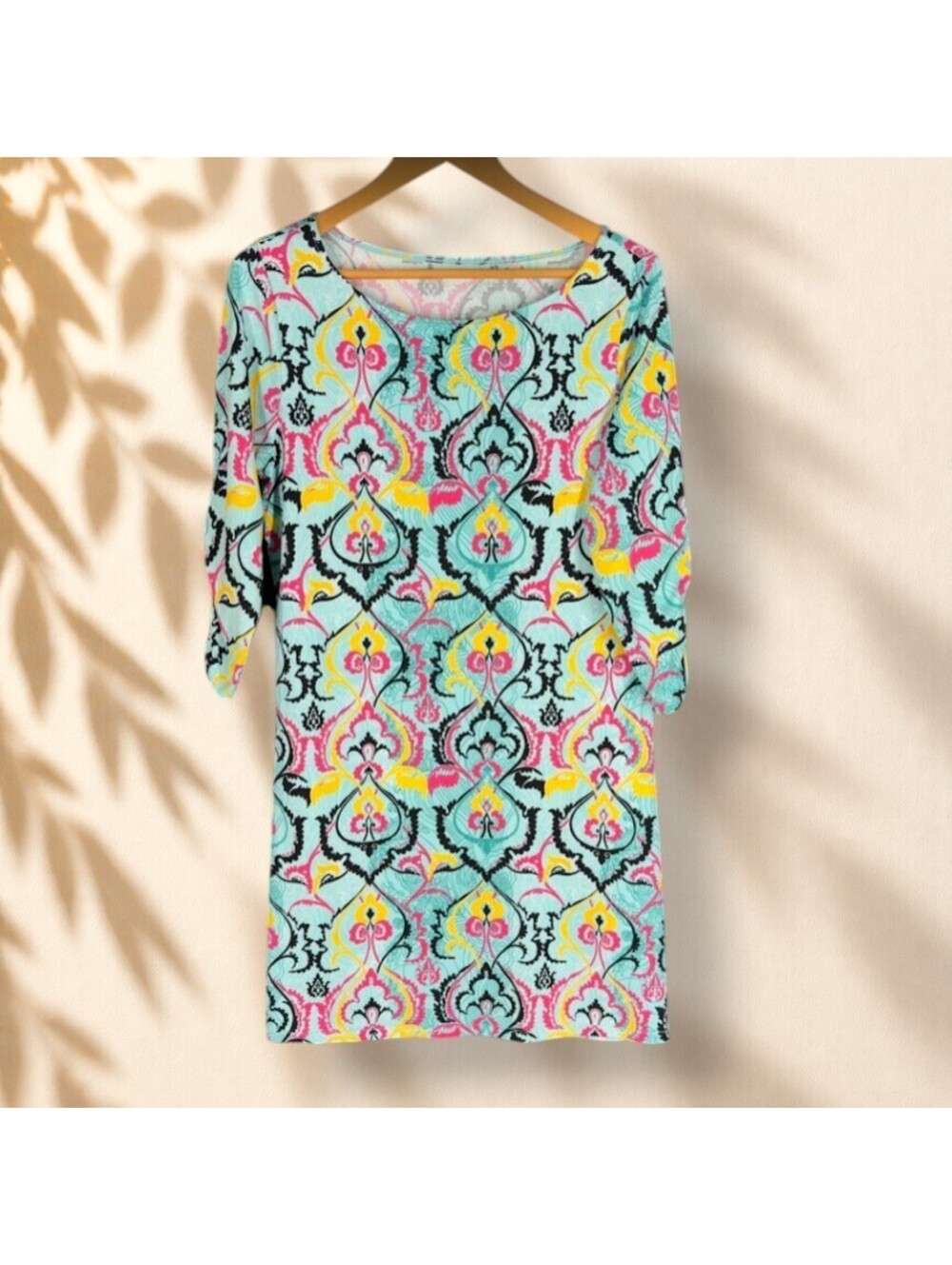 Soybu Dress Women L Large Blue Geometric Shift Midi 3/4 Sleeve Round Neck Casual